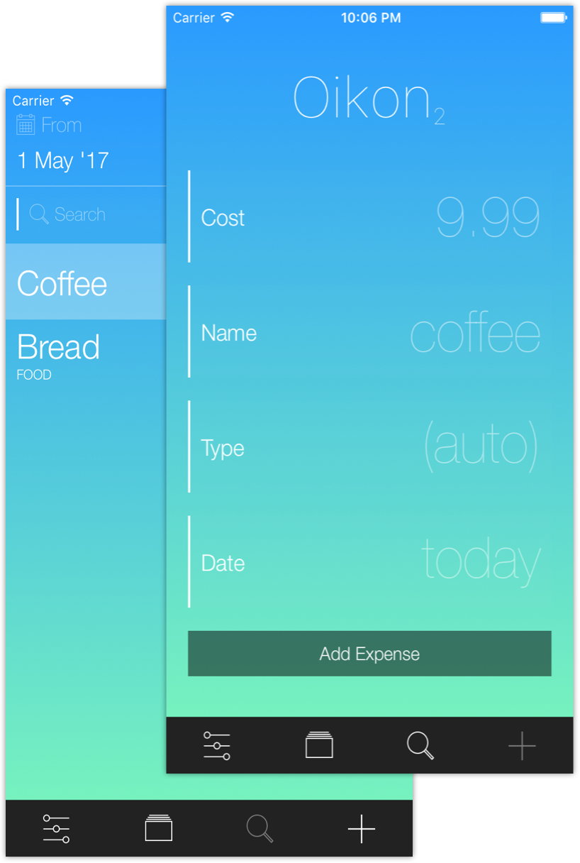 Oikon 2 Add Expense and View Expenses screens for iOS.